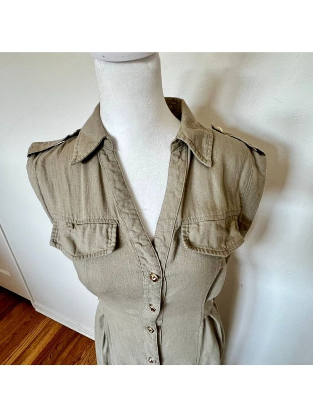 Zara Linen Shirt Dress XS Khaki Olive Euro Summer Safari Button Front Belted - Picture 12 of 16
